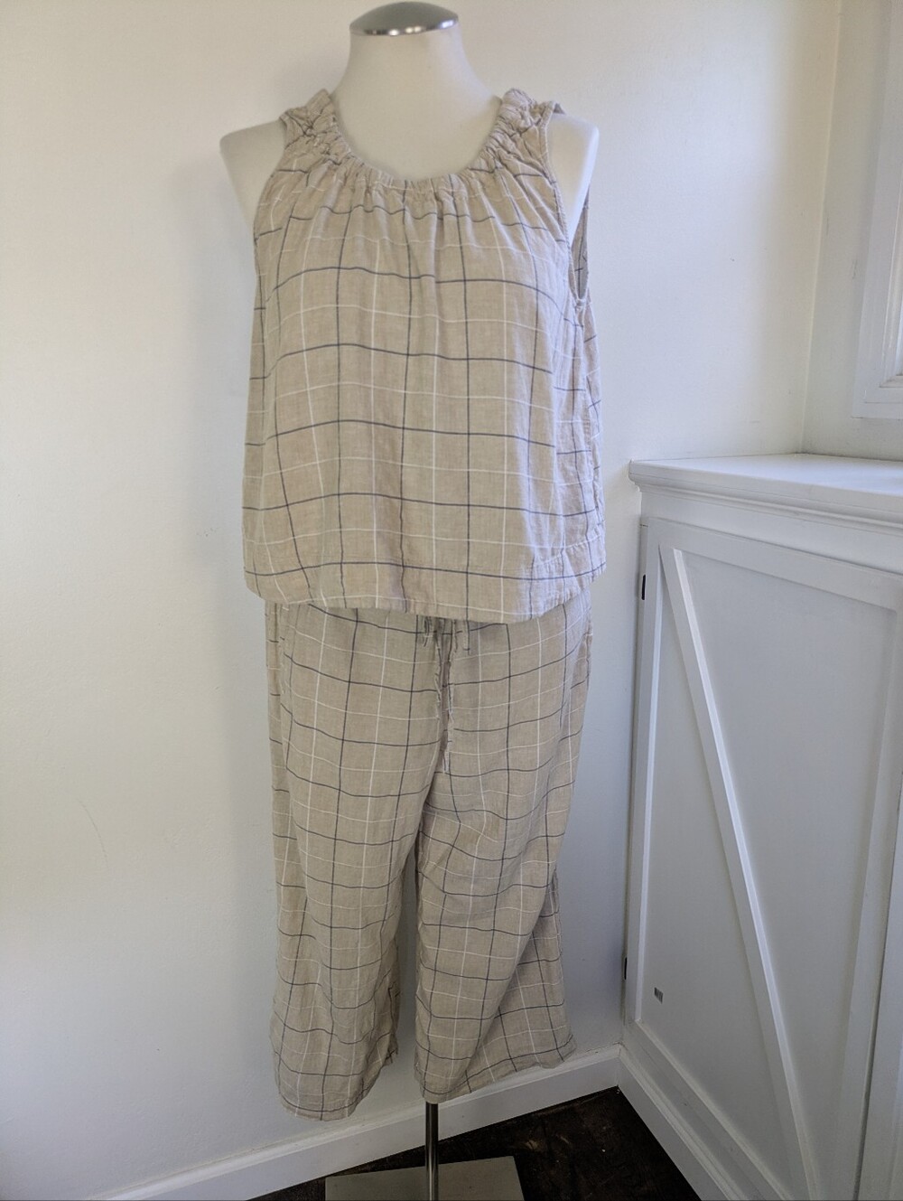 Zac & Rachel Linen Pant Tank Set XL Beige Navy Striped - Picture 8 of 8